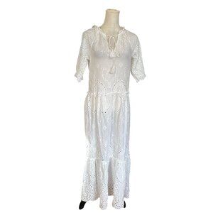 White Eyelet Lace Tiered Dress Ruffle Tassel Victorian CottageCore Feminine Sz M